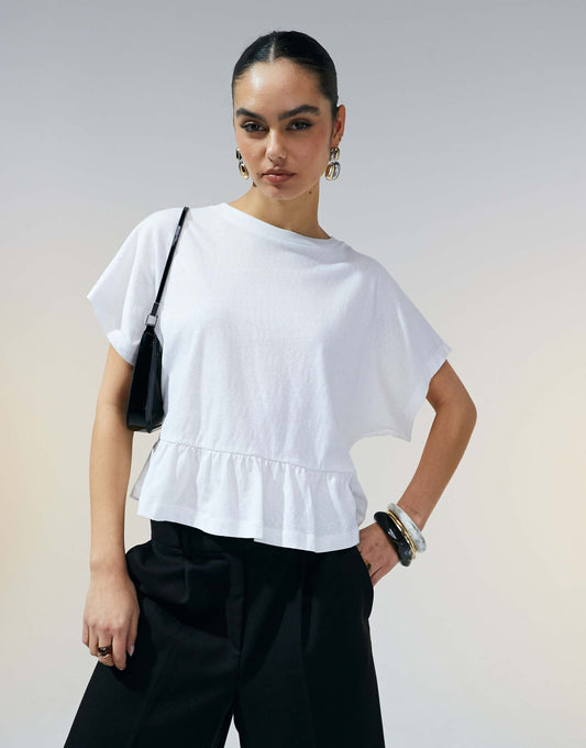 Boxy Short Sleeve Linen Look Peplum T-Shirt