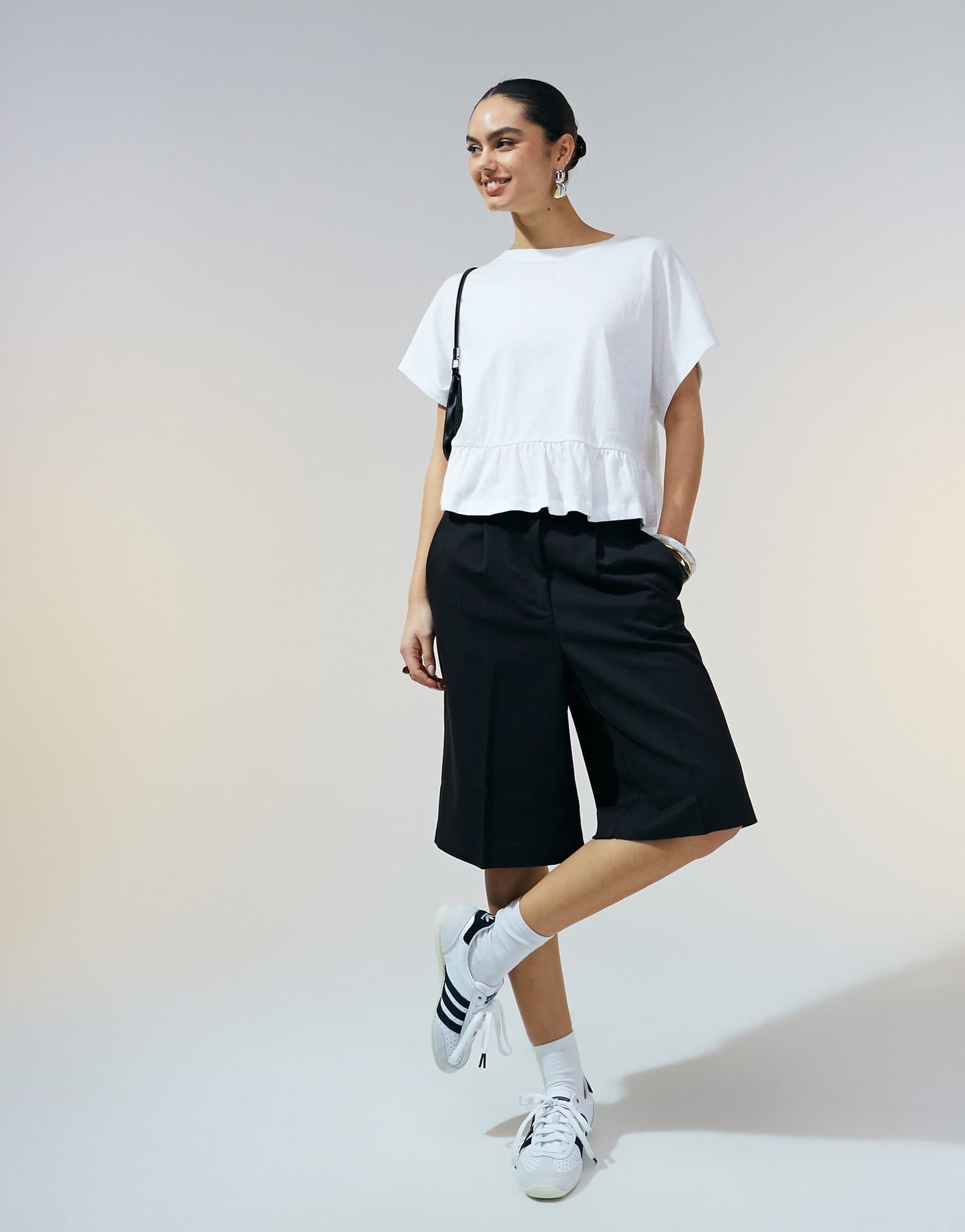 Boxy Short Sleeve Linen Look Peplum T-Shirt