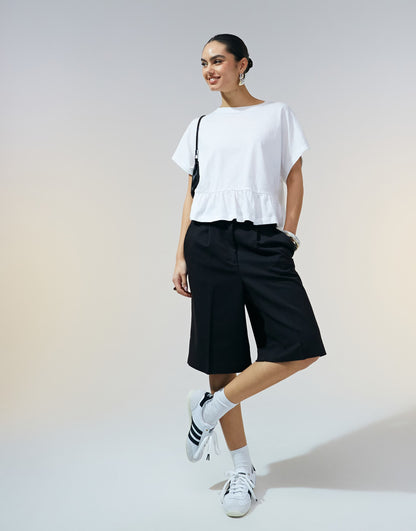 Boxy Short Sleeve Linen Look Peplum T-Shirt