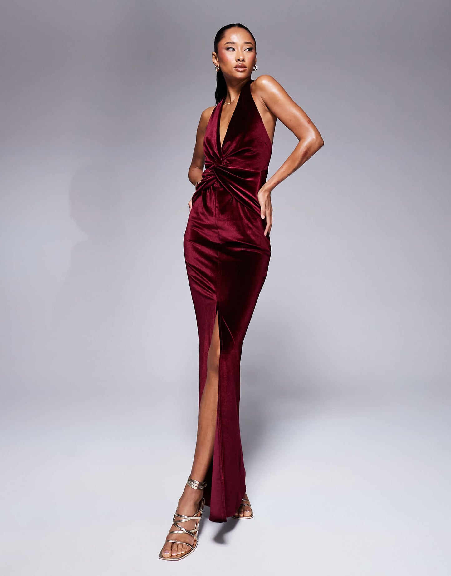 Velvet Twist Front Deep Plunge Maxi Dress