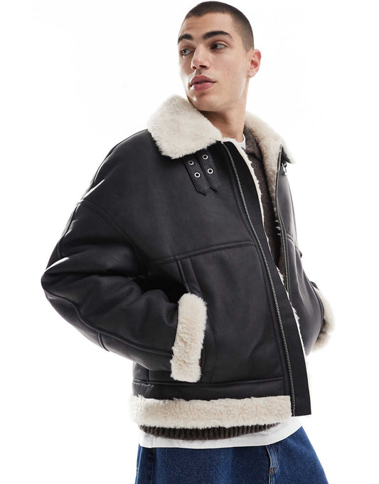 Faux Leather Aviator Jacket