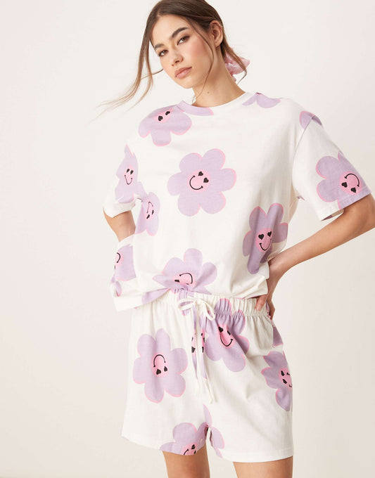 Flower Oversized Tee And Short Pyjama Set