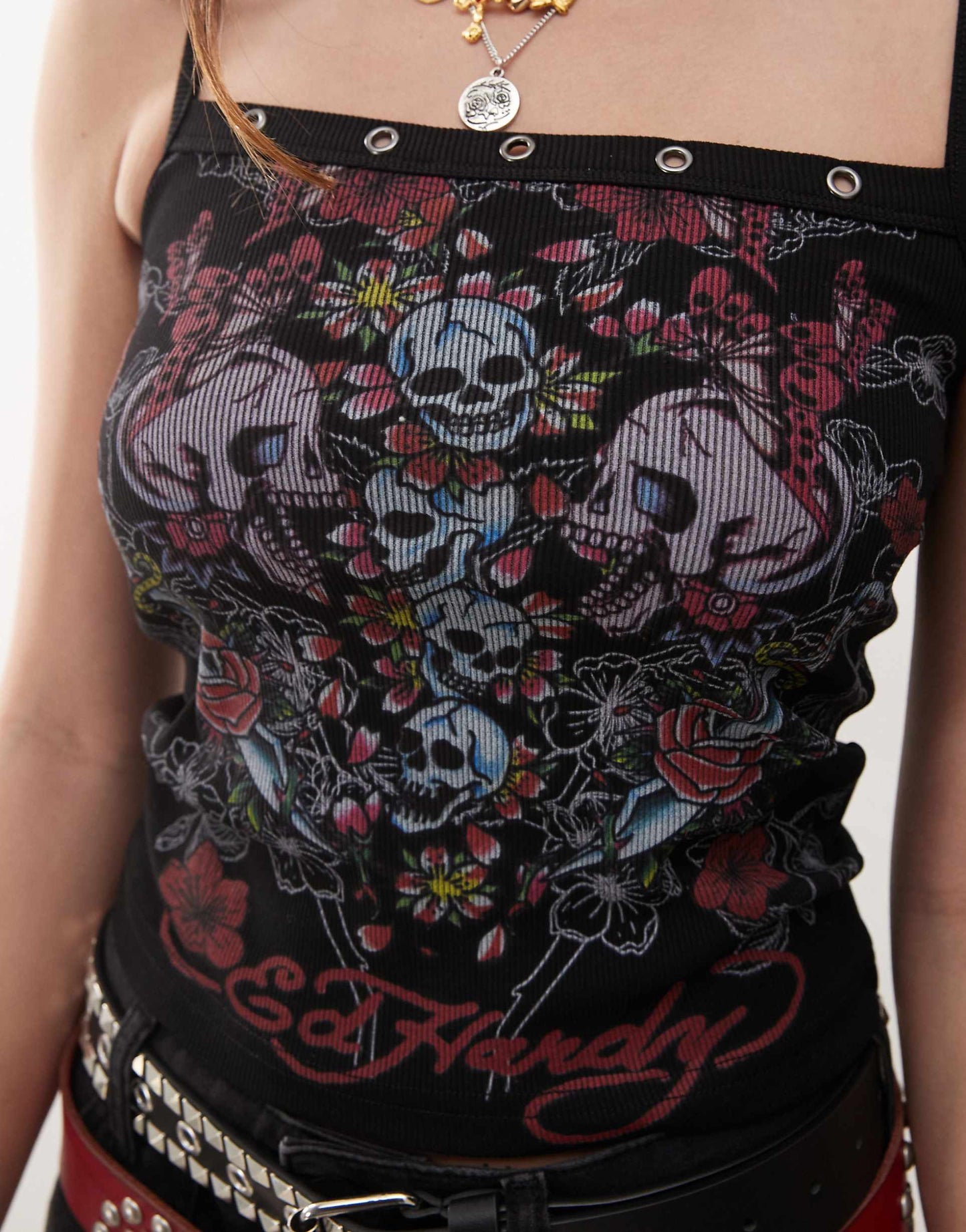 Skull Print Eyelet Crop Vest