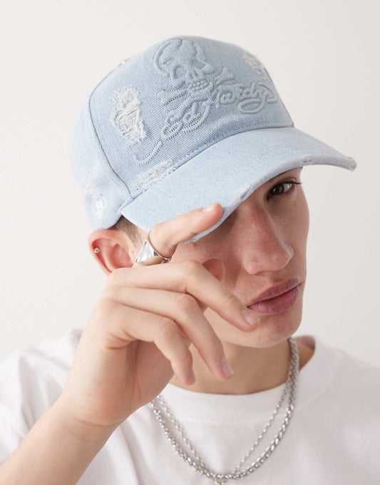 Denim Embossed Skull 5 Panel Cap