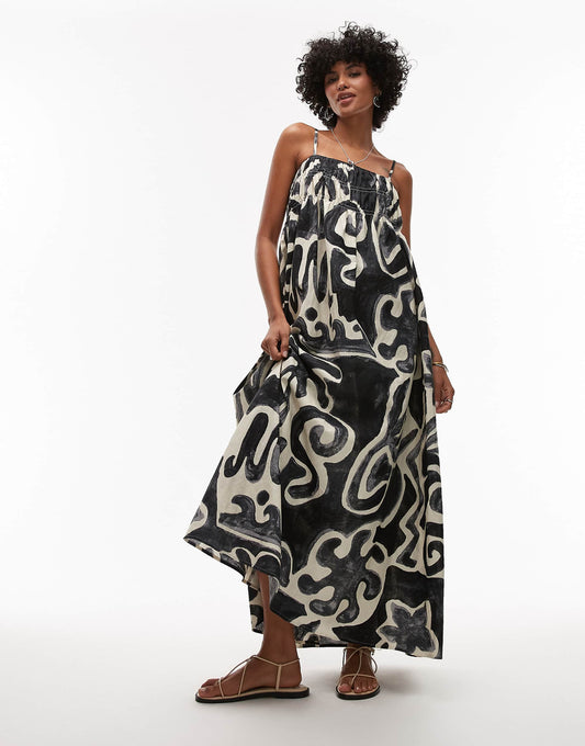 Linen Look Shirred Bust Chuck On Midi Dress