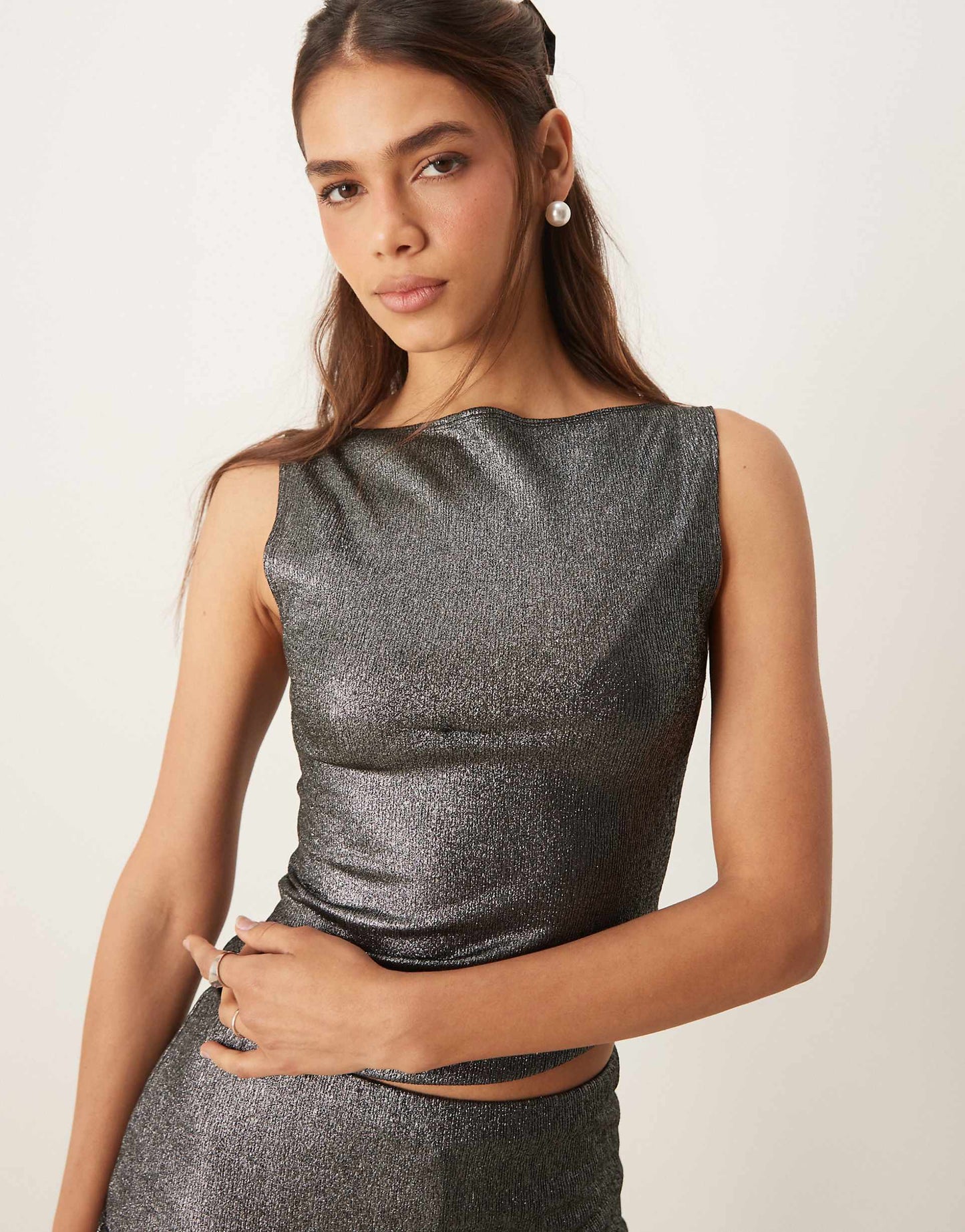 Gold Shimmer Foil Slash Neck Top