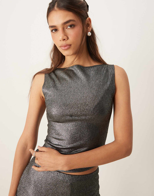 Gold Shimmer Foil Slash Neck Top