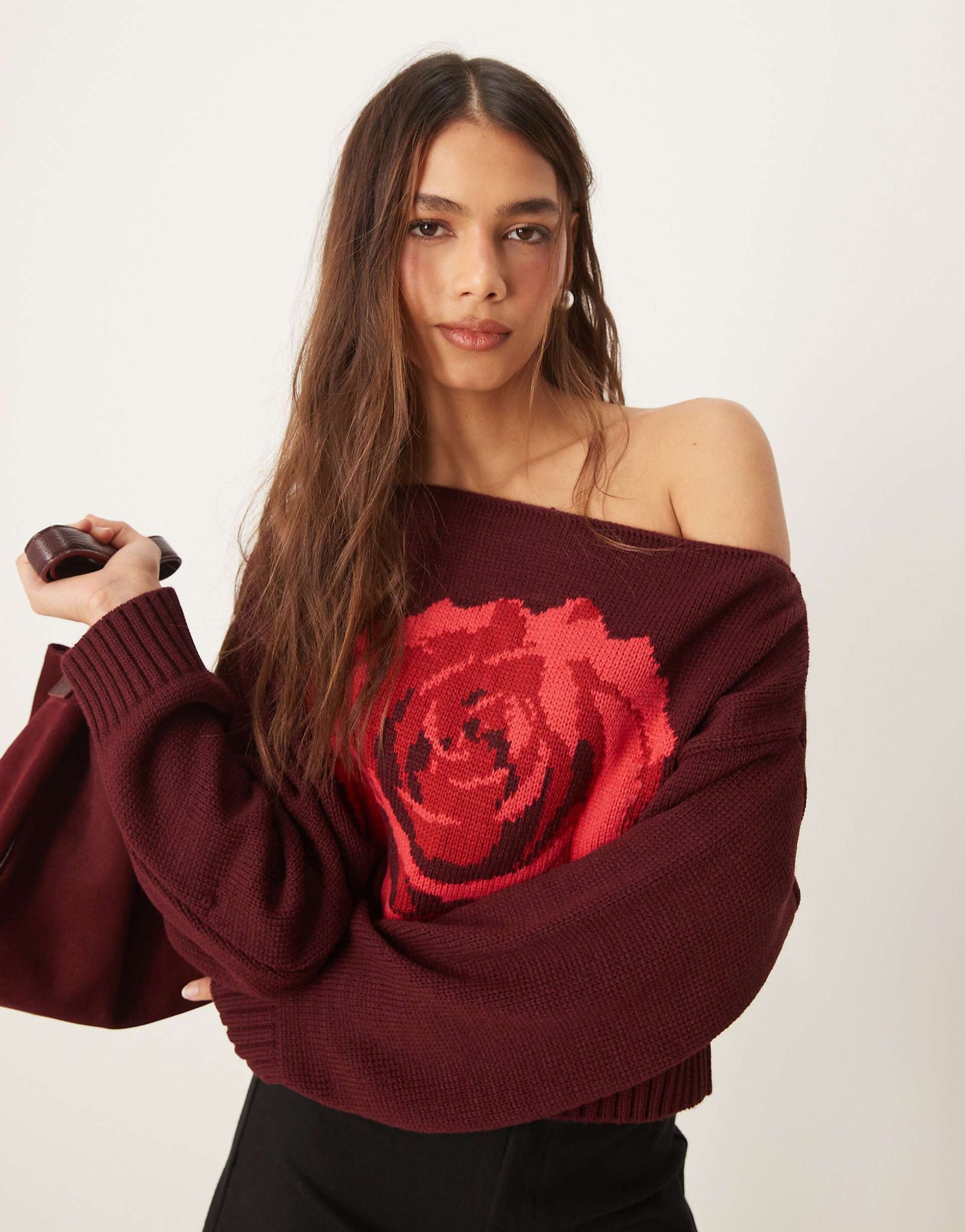 Off The Shoulder Slouchy Knit Rose Jumper