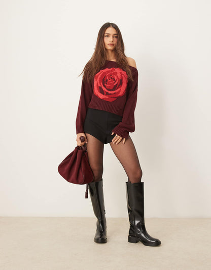 Off The Shoulder Slouchy Knit Rose Jumper