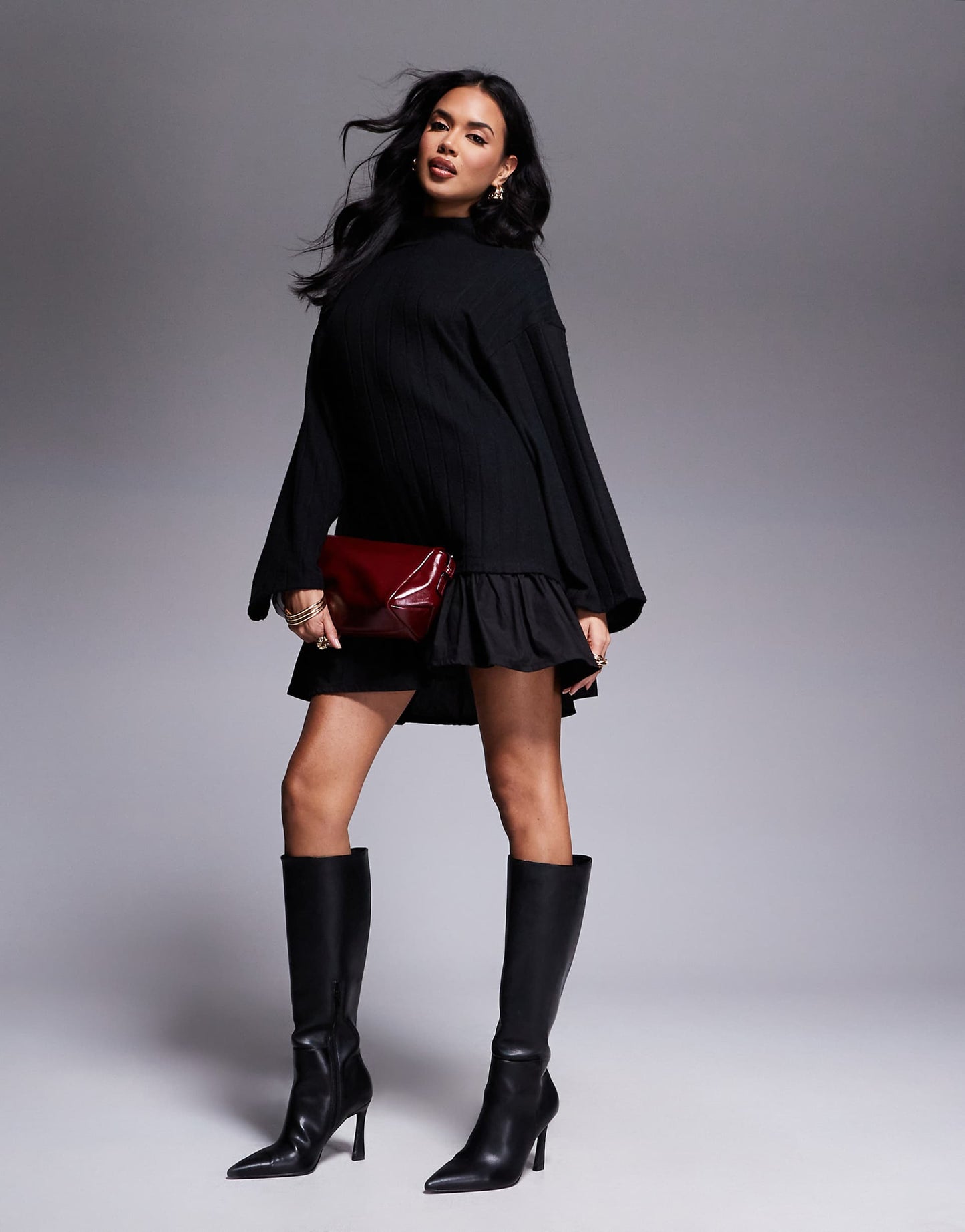 High Neck Jumper With Poplin Mini Dress Skirt