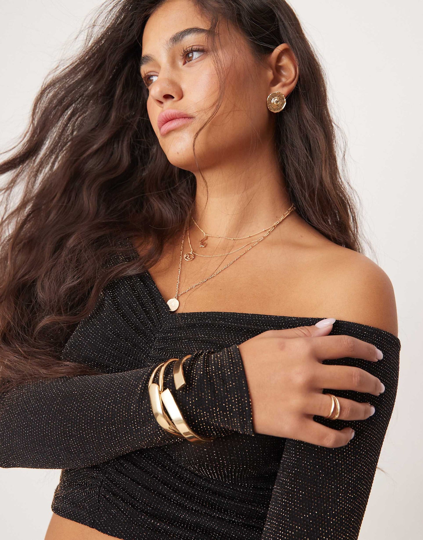 Ruched Gold Glitter Off The Shoulder Long Sleeve Top