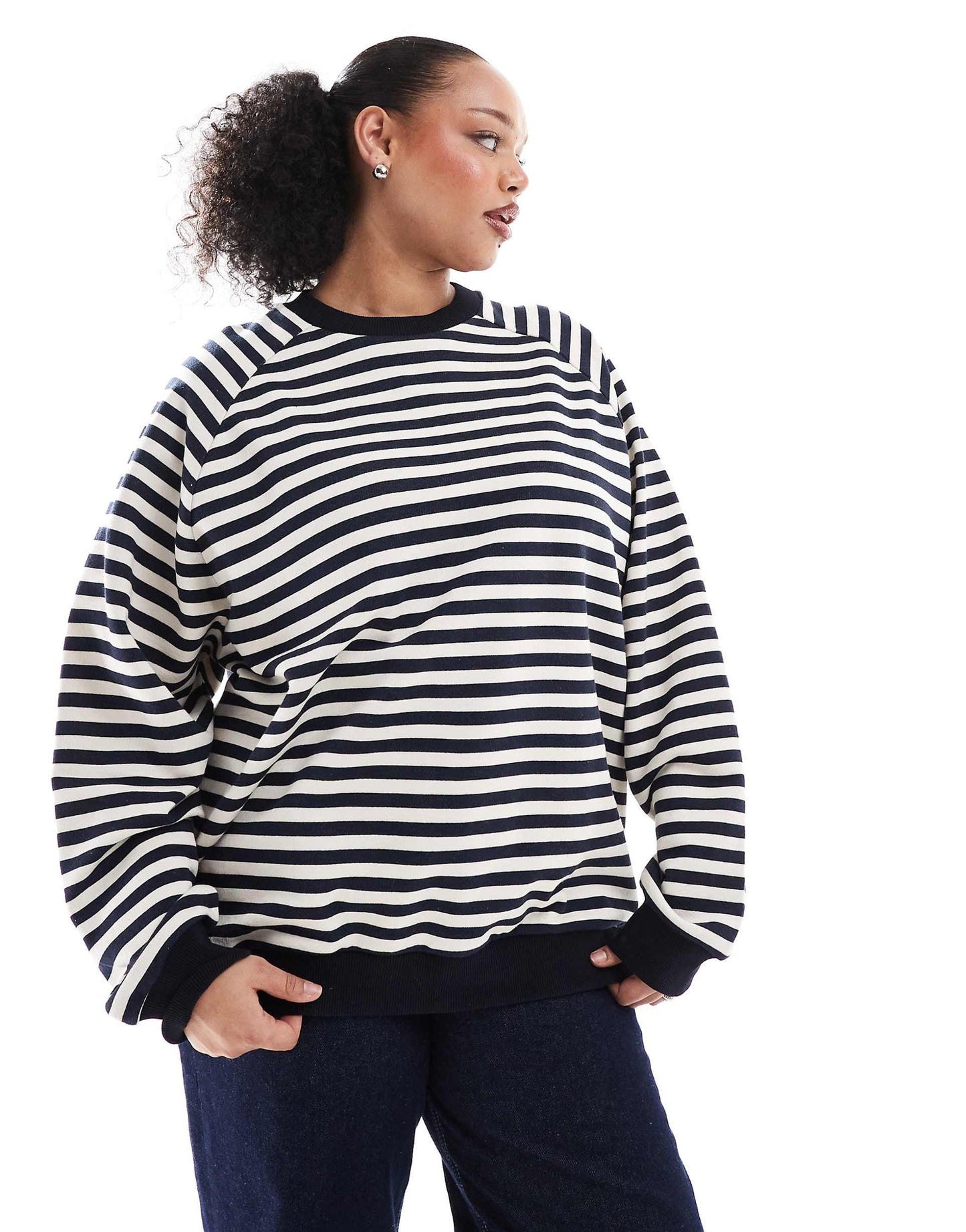 Curve Oversized Stripe Long Sleeve Sweat With Navy Rib