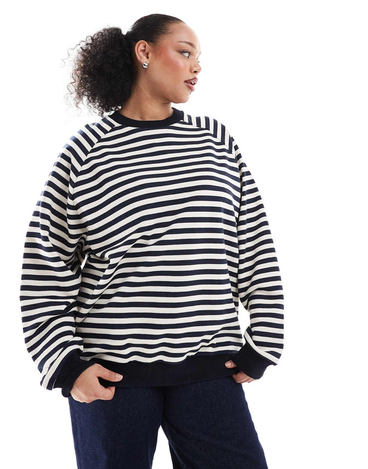 Curve Oversized Stripe Long Sleeve Sweat With Navy Rib