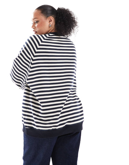 Curve Oversized Stripe Long Sleeve Sweat With Navy Rib