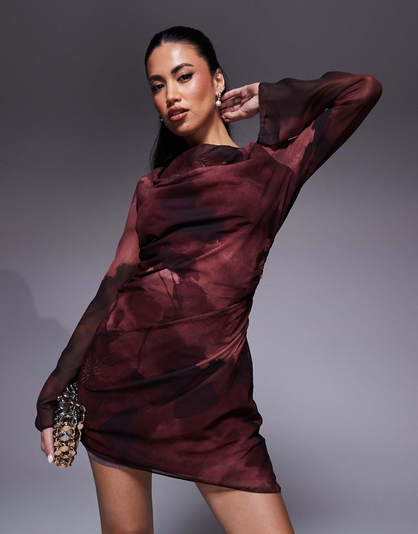 Draped Asymmetric Long Sleeve Mini Dress