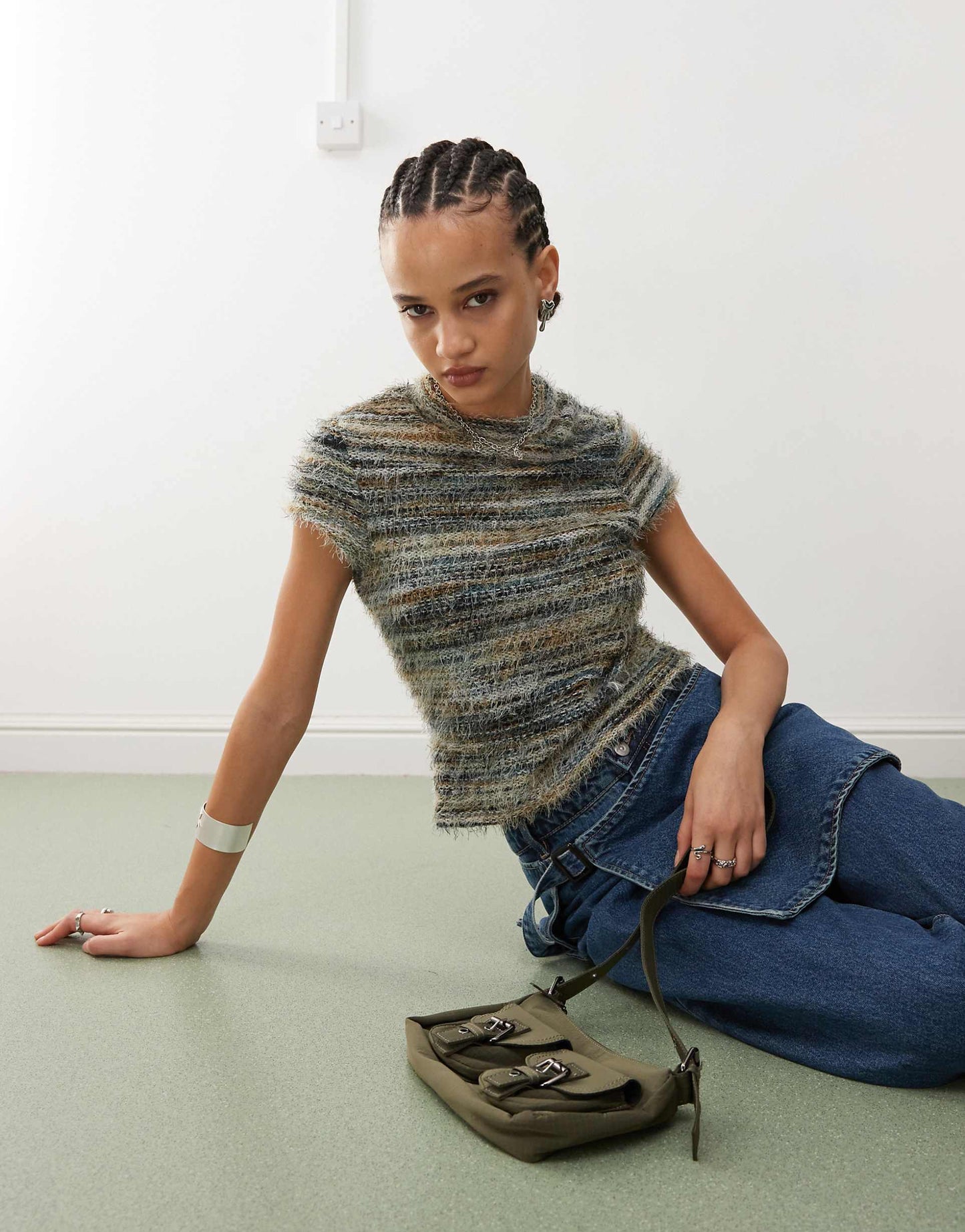 Micro High Neck Fluffy Stripe T-Shirt