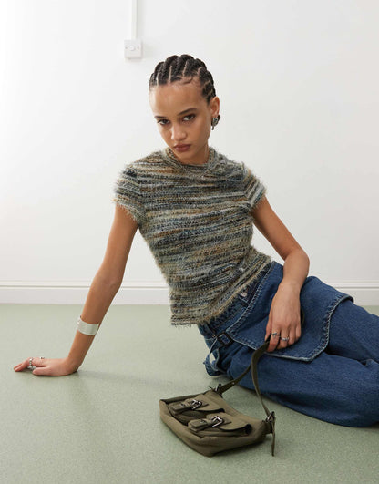 Micro High Neck Fluffy Stripe T-Shirt