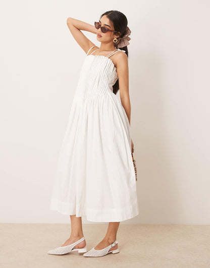 Narrow Pintuck Bodice Dress With Tie Straps