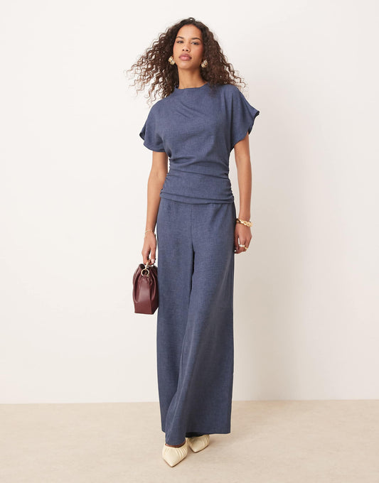 Linen Look Open Back And Ruched Detail Jumpsuit