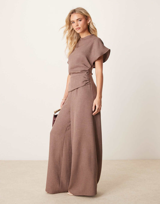 Petite Linen Look Open Back And Ruched Detail Jumpsuit