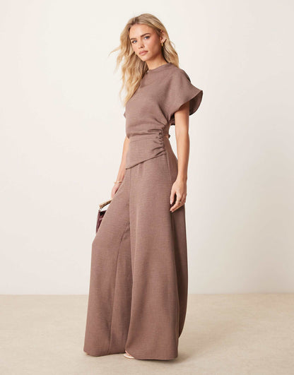 Petite Linen Look Open Back And Ruched Detail Jumpsuit