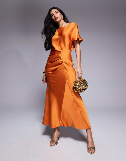 Satin Flutter Sleeve Midaxi Dress