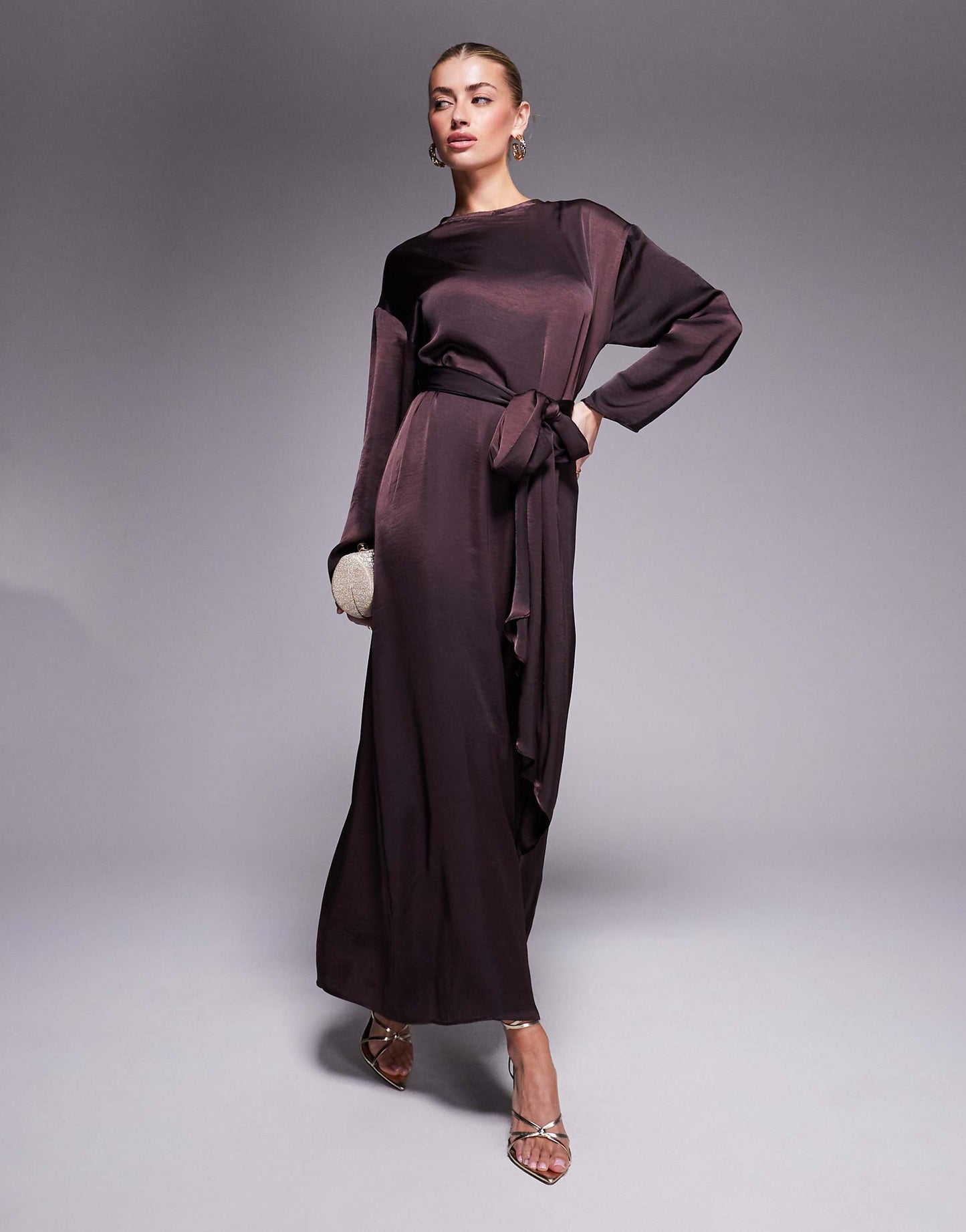 Satin Long Sleeved Tie Detail Maxi Dress