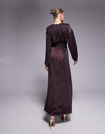 Satin Long Sleeved Tie Detail Maxi Dress