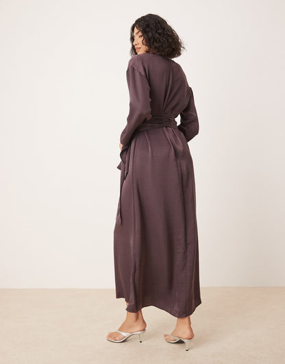 Satin Long Sleeved Tie Detail Maxi Dress