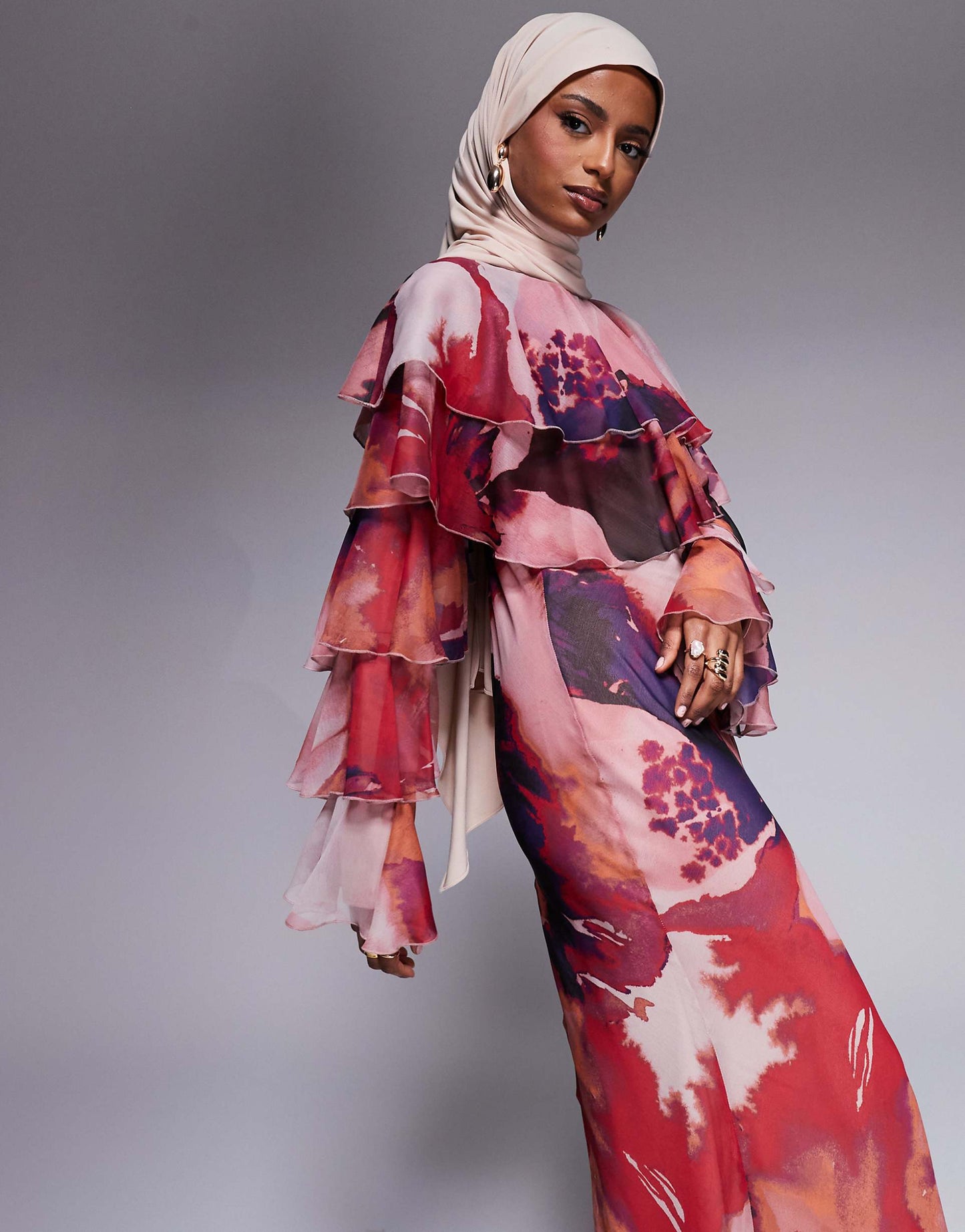 Tiered Ruffle Overlay Bias Maxi Dress