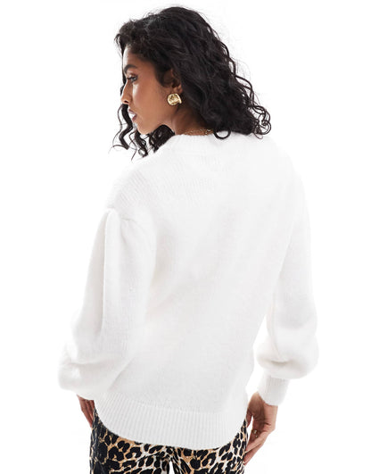 Knitted Crew Neck Jumper With Puff Sleeve Detail