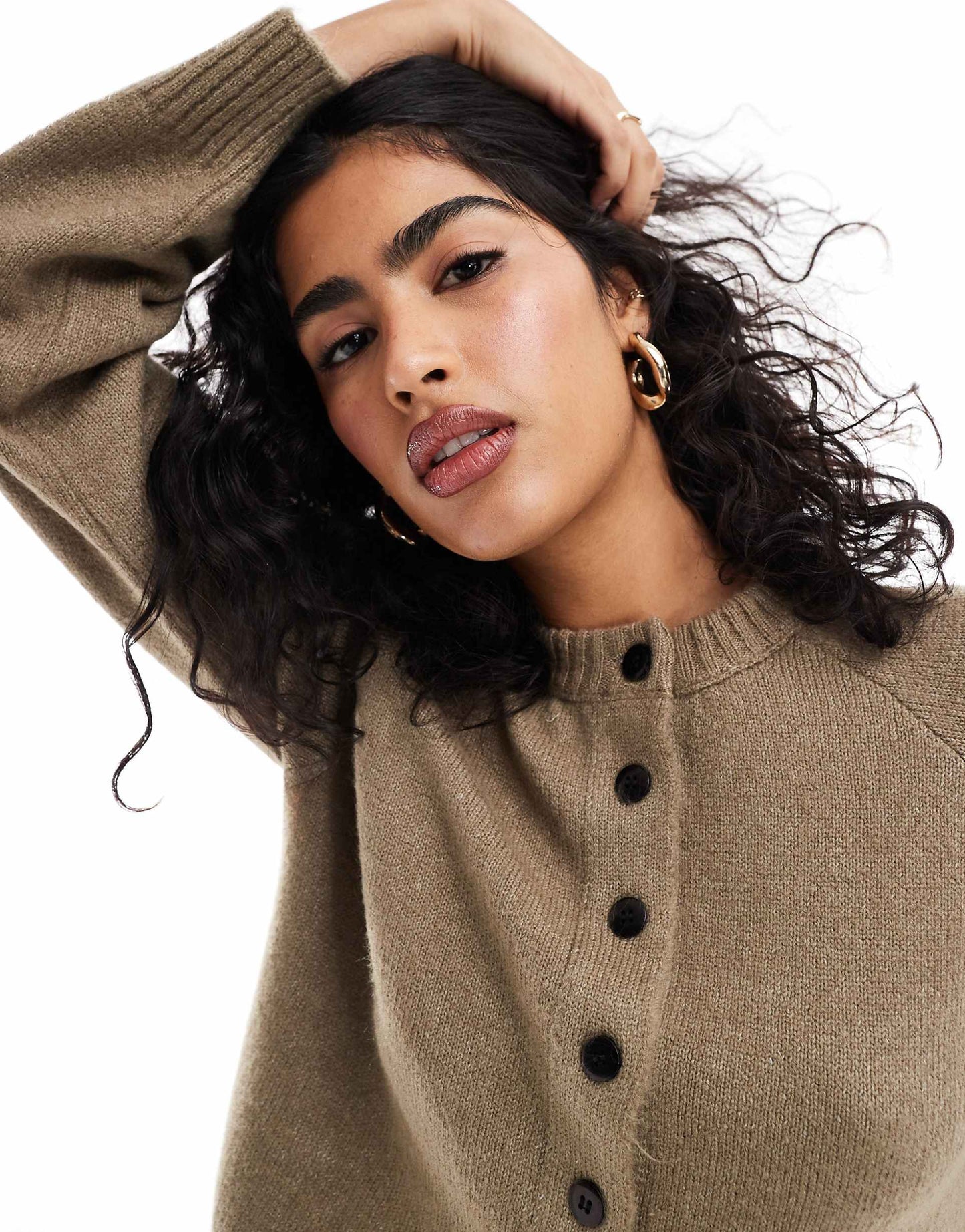 Knitted Crew Neck Cardigan With Contrast Buttons And Split Hem