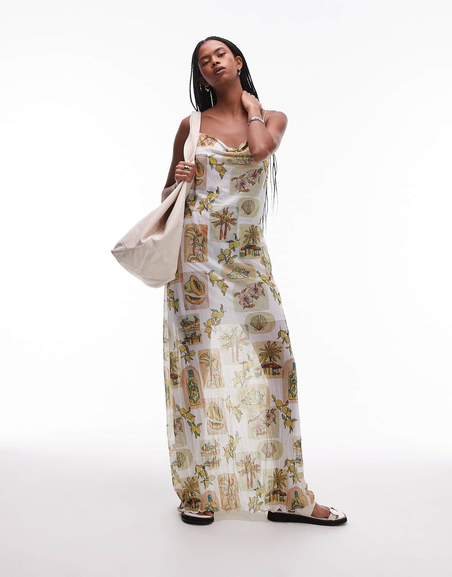 Crinkle Post Card Floral Print Maxi Dress