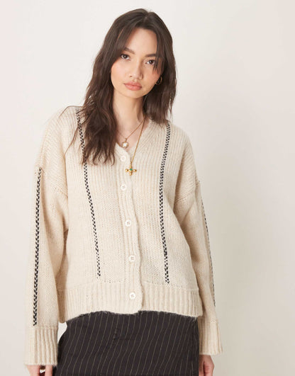 V Neck Cardigan With Blanket Stitch Detail