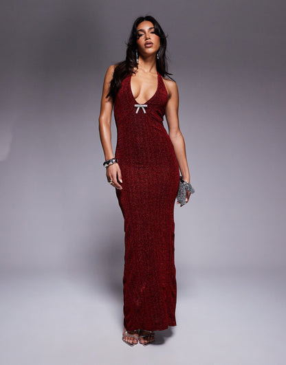 Sparkle Scoop Plunge Neck Maxi Dress With Diamante Trim Detail