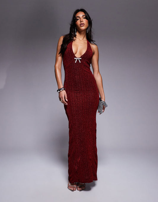 Sparkle Scoop Plunge Neck Maxi Dress With Diamante Trim Detail