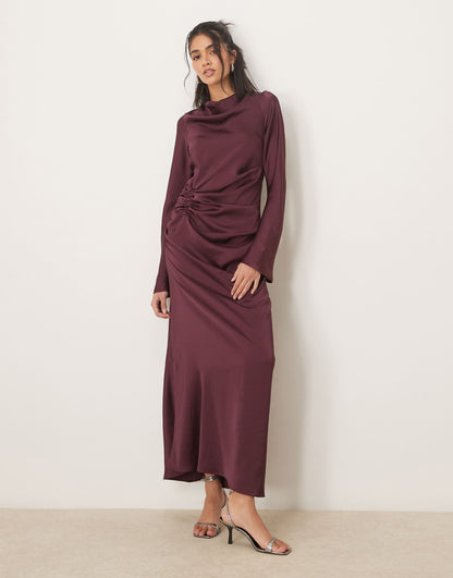 Long Sleeve Satin Maxi Dress With Ruched Tab Detail