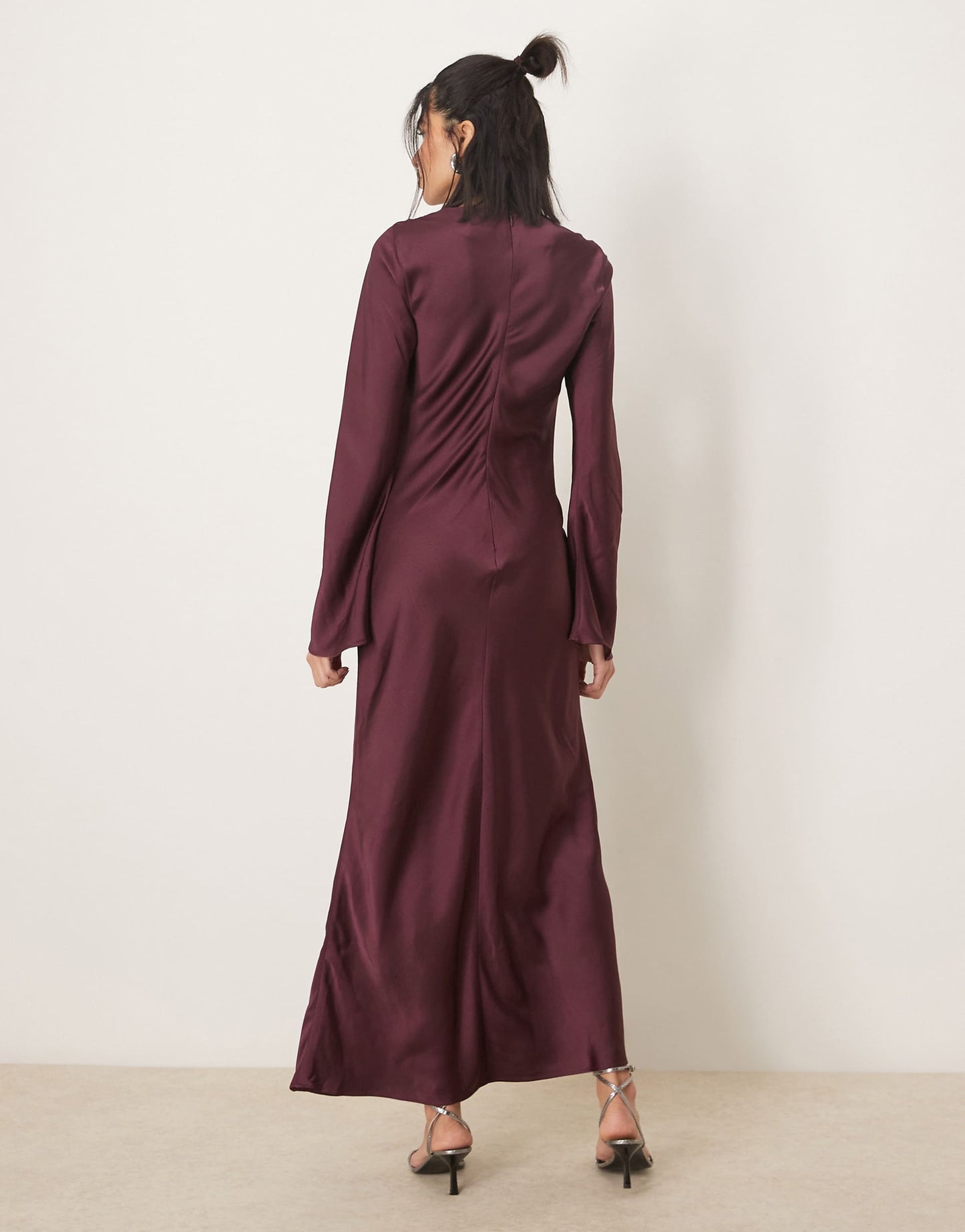 Long Sleeve Satin Maxi Dress With Ruched Tab Detail