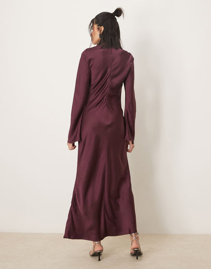 Long Sleeve Satin Maxi Dress With Ruched Tab Detail