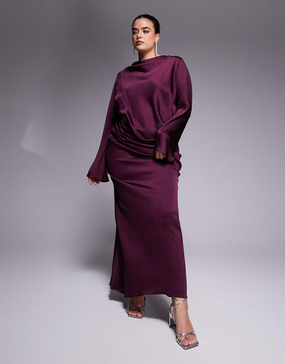 Curve Long Sleeve Satin Maxi Dress With Ruched Tab Detail