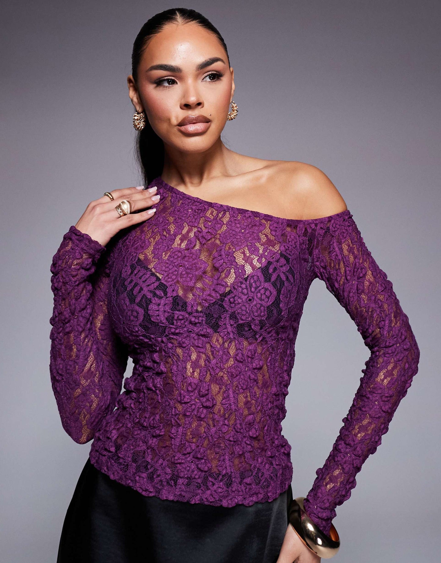 Lace Asymmetric Top With Bust Twist Overlay