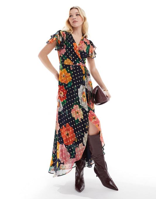 Frill Sleeve Midi Wrap Dress With Tie Waist