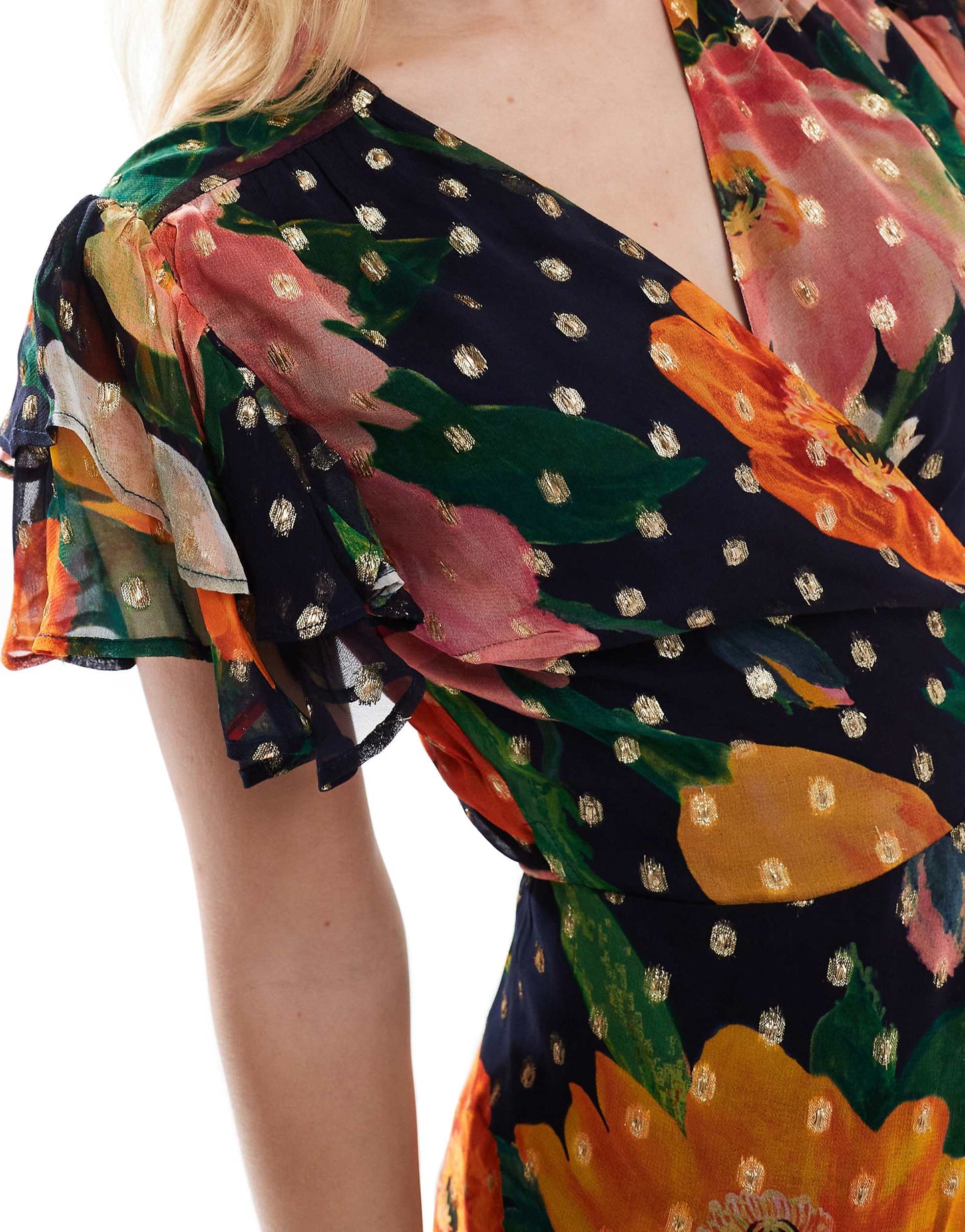 Frill Sleeve Midi Wrap Dress With Tie Waist