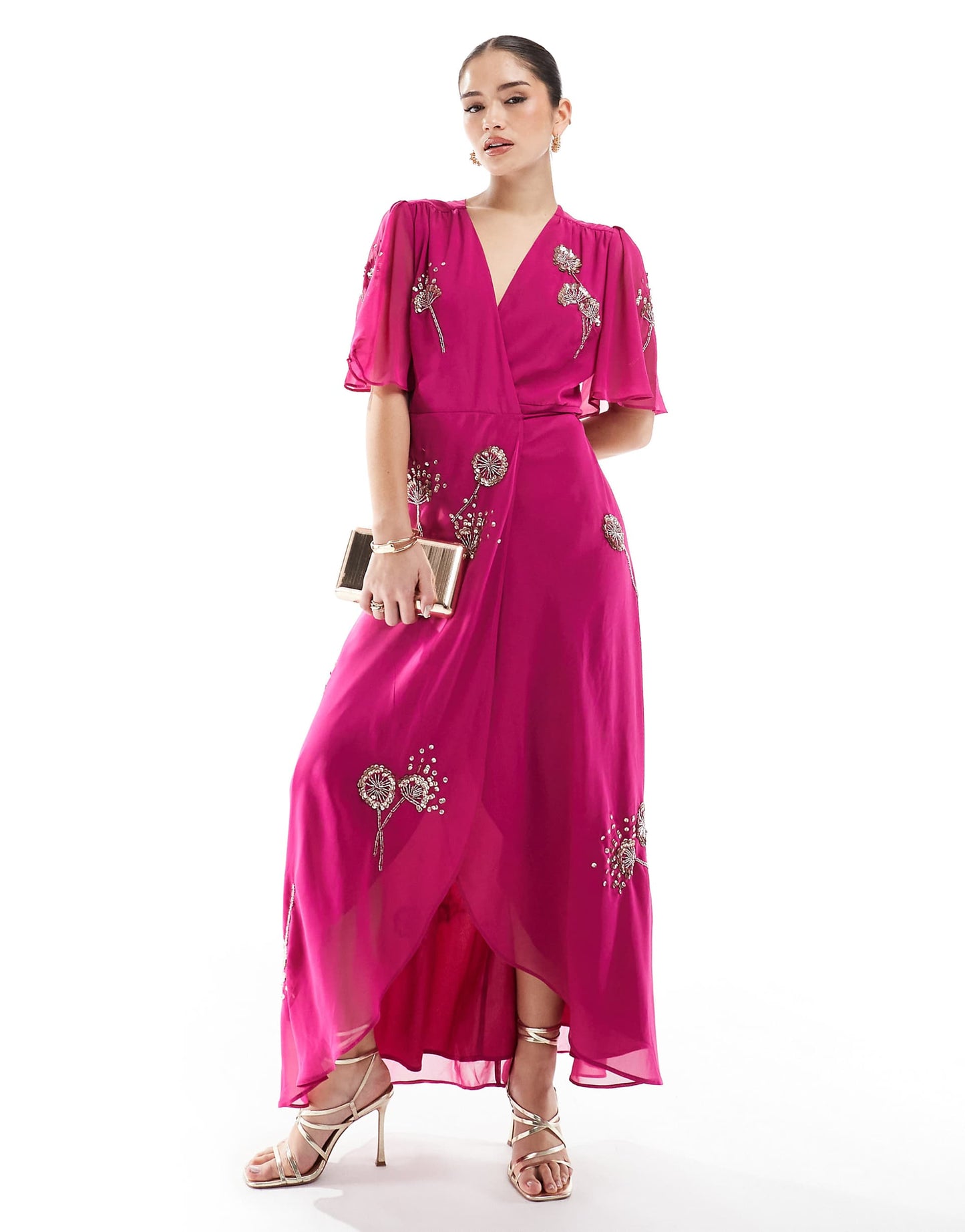 Embellished Flutter Sleeve Maxi Wrap Dress With Tie Waist