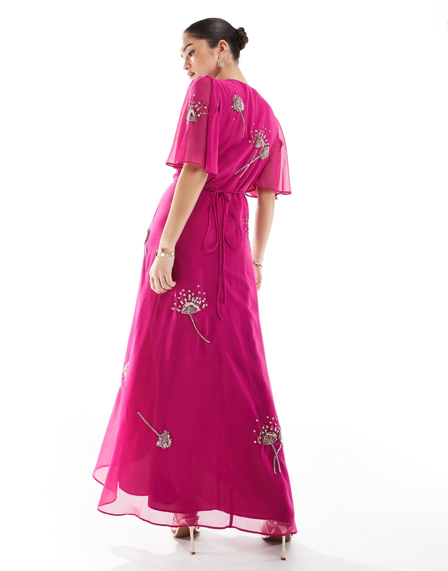 Embellished Flutter Sleeve Maxi Wrap Dress With Tie Waist