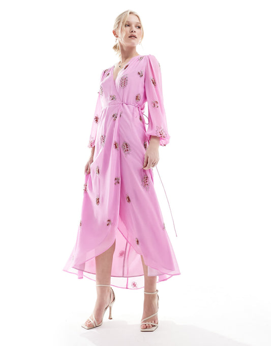 Embellished Wrap Dress With Tie Waist And Blouson Sleeve