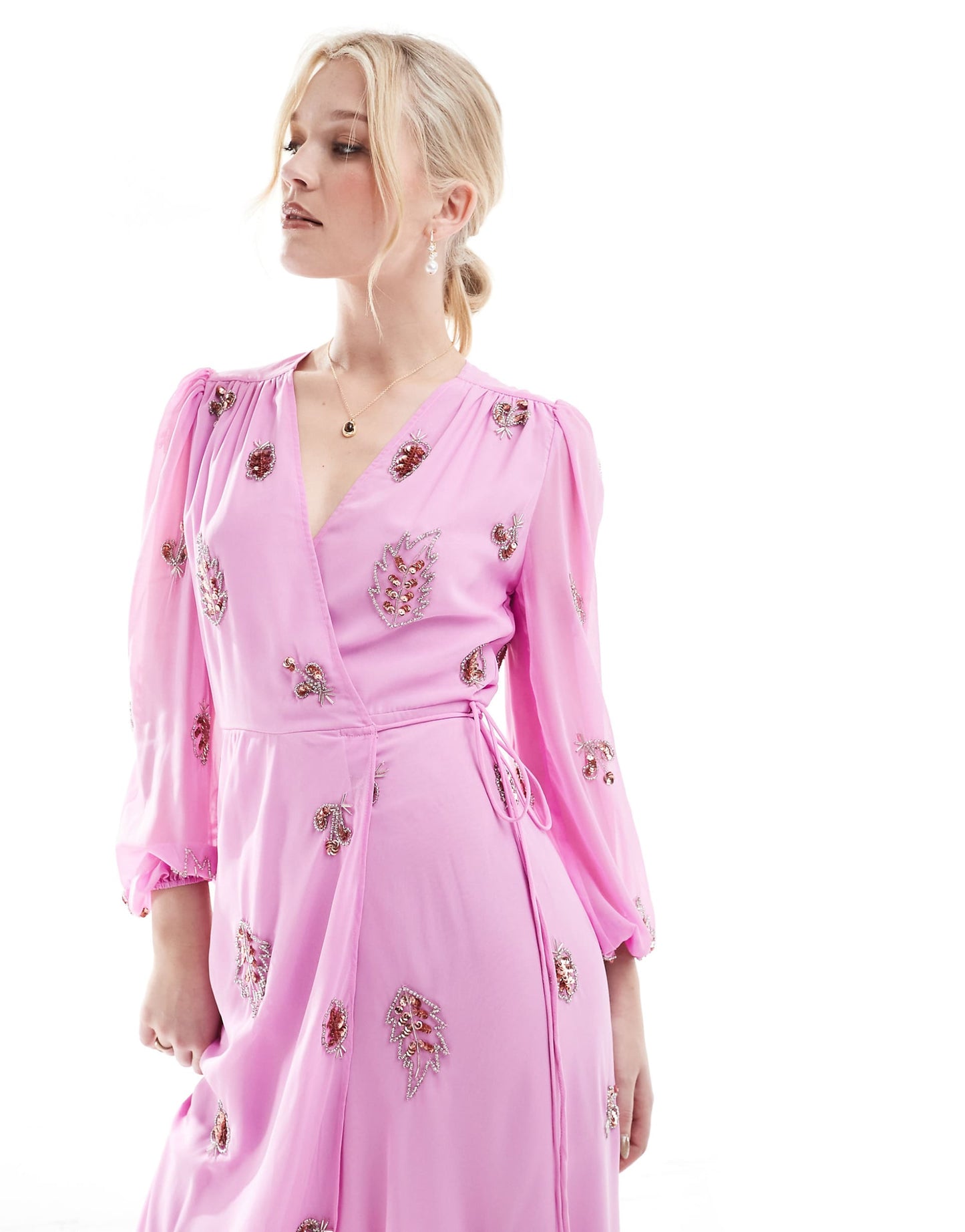 Embellished Wrap Dress With Tie Waist And Blouson Sleeve