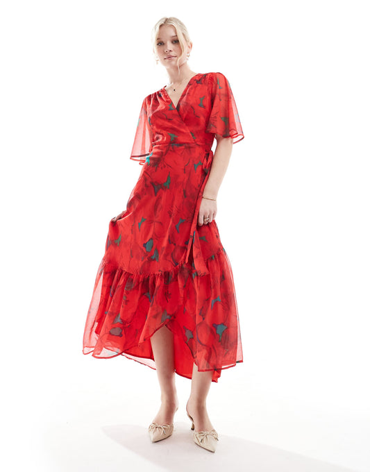 Flutter Sleeve Midaxi Wrap Dress With Tie Waist