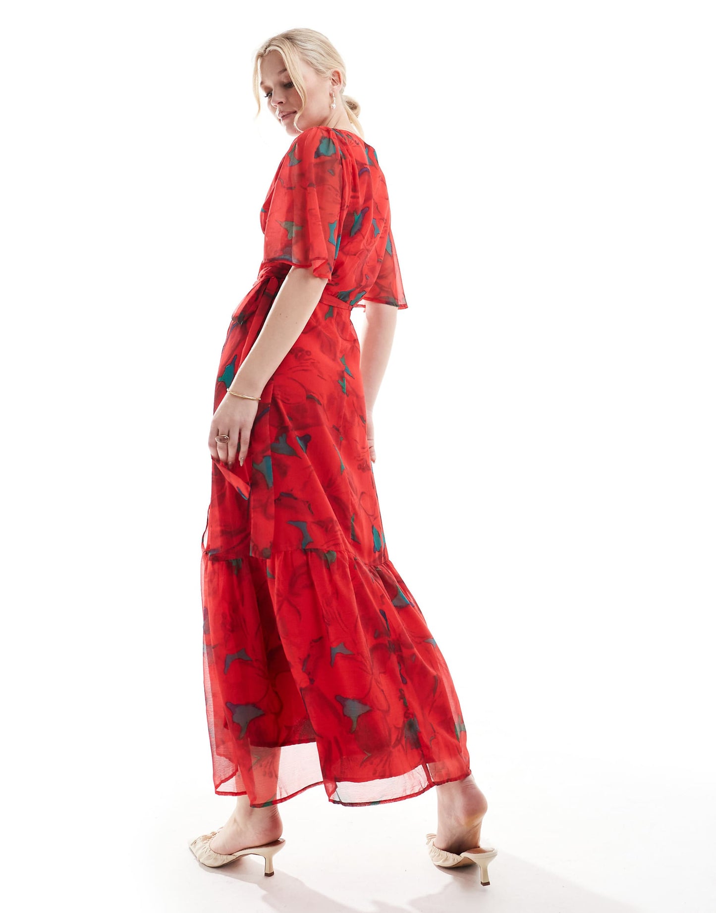 Flutter Sleeve Midaxi Wrap Dress With Tie Waist