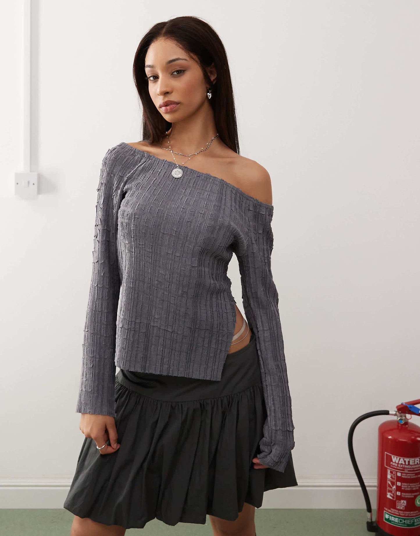 Off Shoulder Textured Long Sleeve Top
